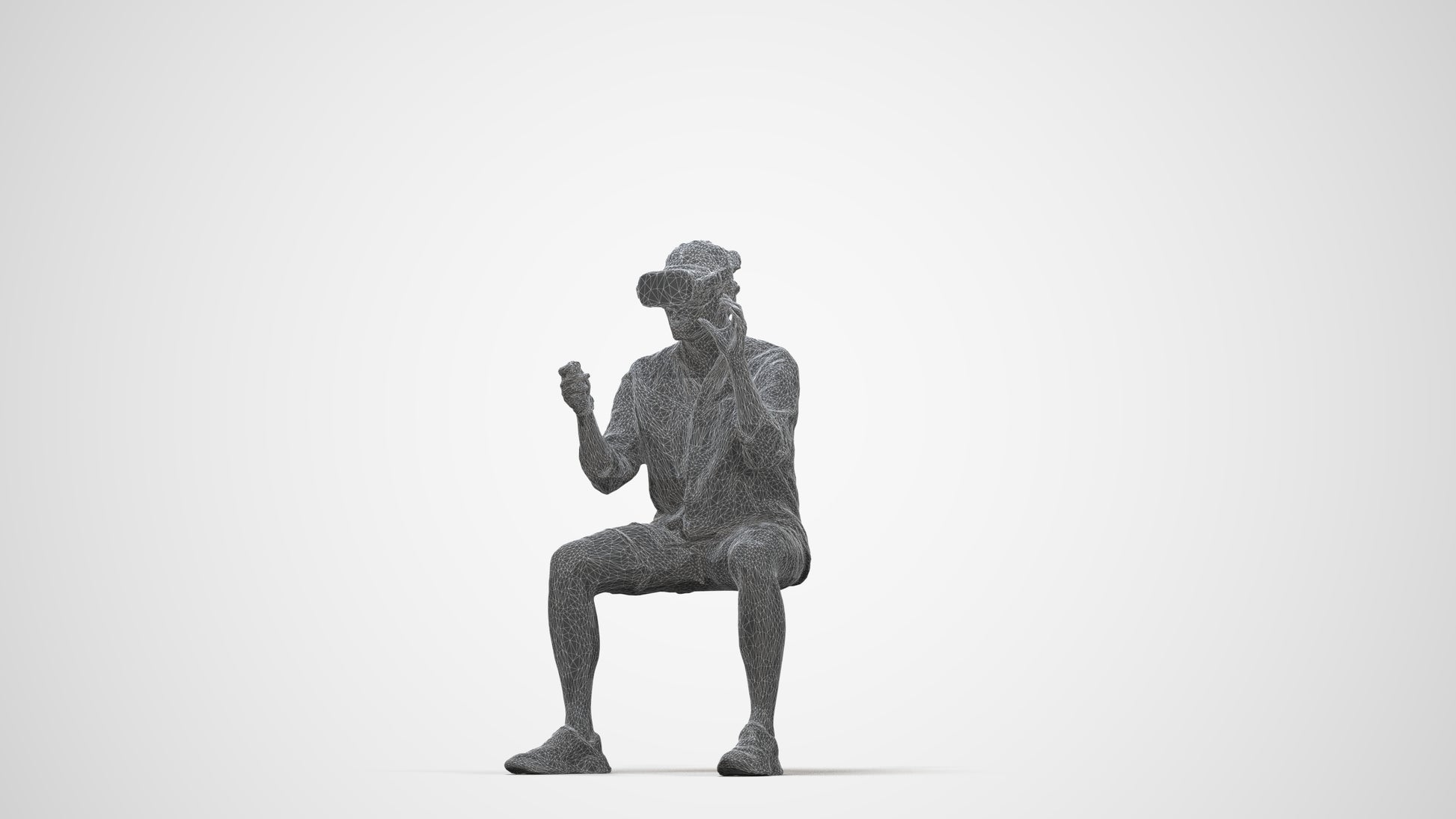 3D scanned man sitting casual, photorealistic archviz people for Enscape and SketchUp, wireframe back view