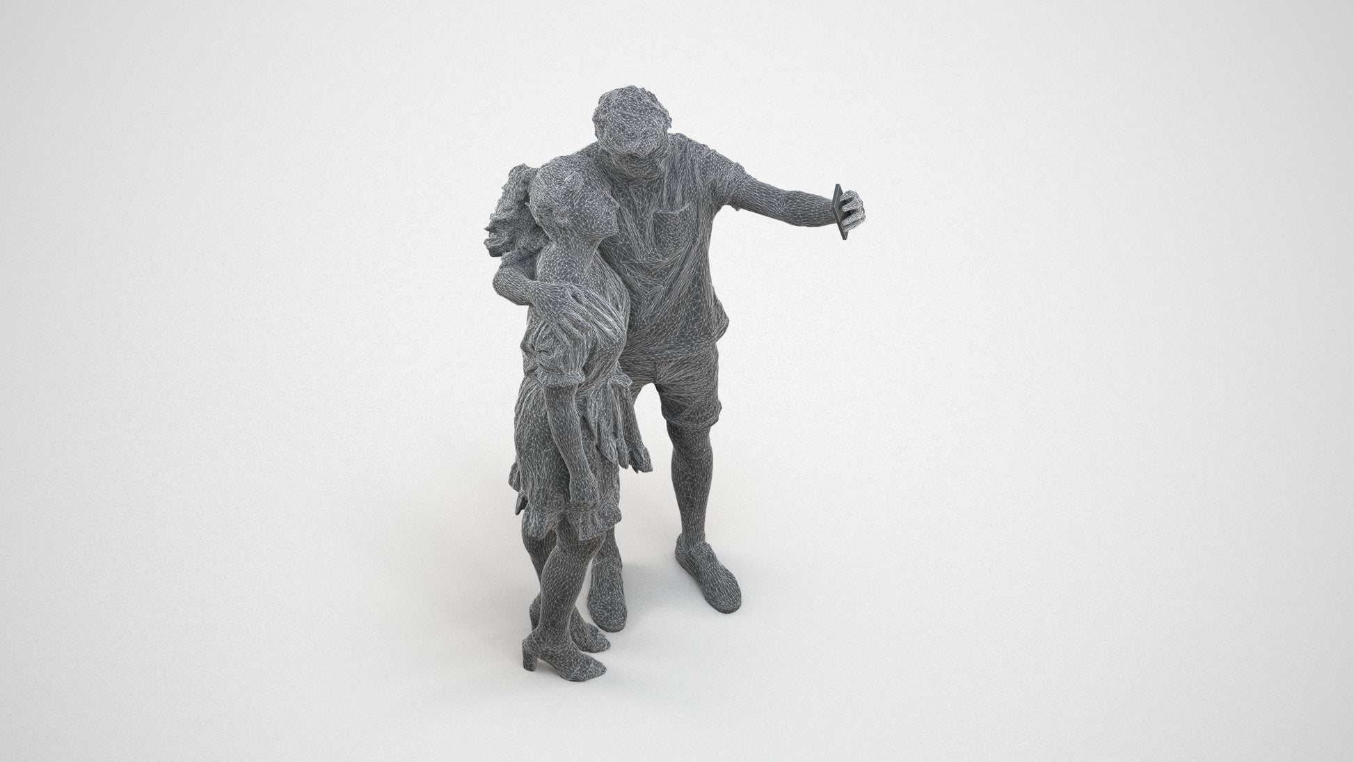 3D scanned woman couple casual, photorealistic archviz people for Enscape and SketchUp, wireframe three-quarter view
