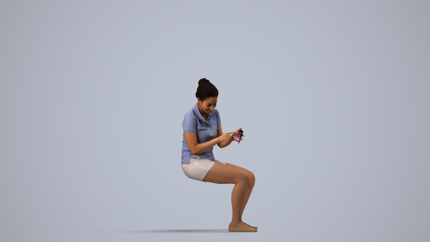 realistic 3D woman casual sitting, scanned archviz people for Blender and 3ds Max, side view render