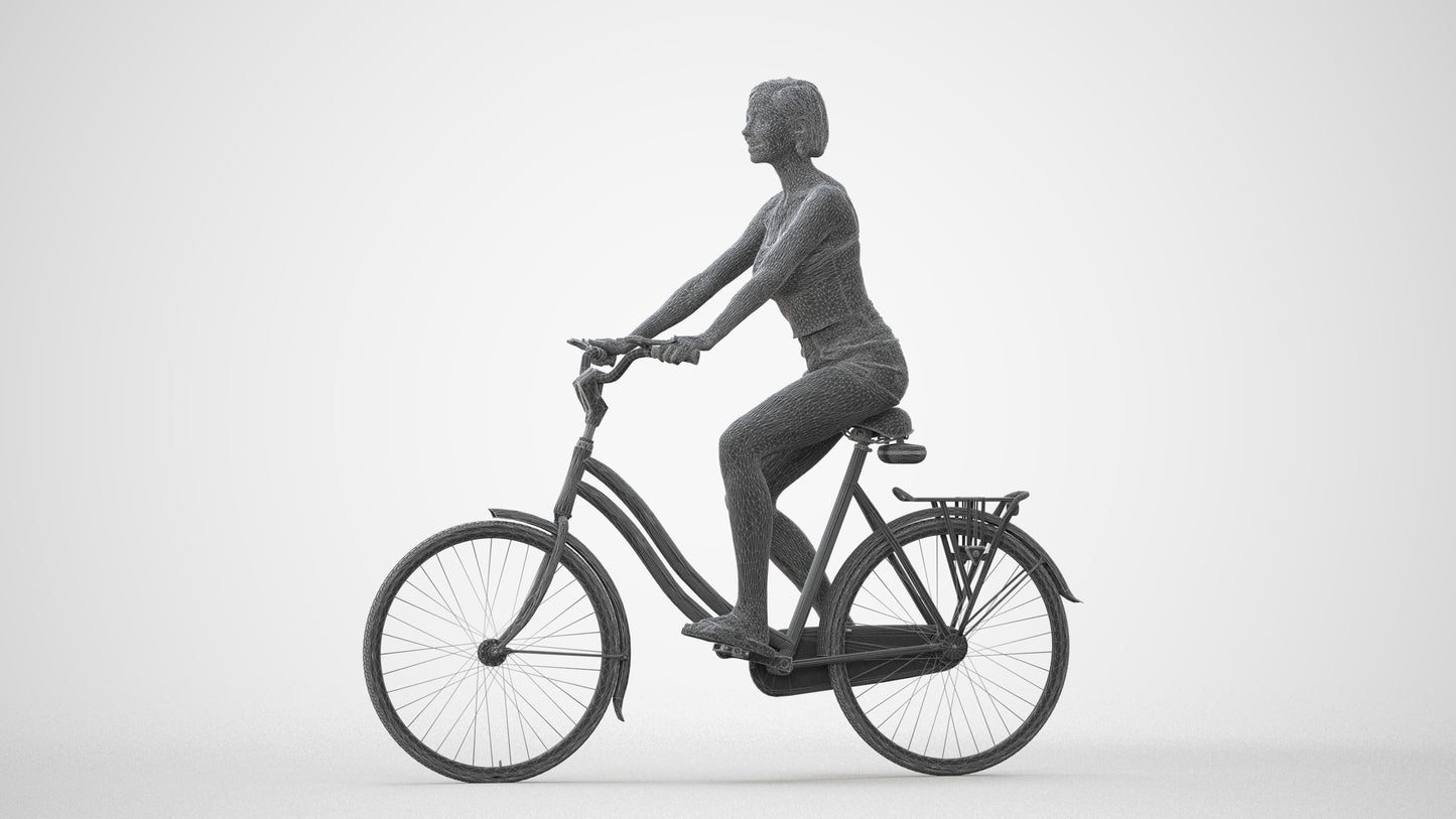 3D human model woman casual cycling, photogrammetry scanned person for archviz, square thumbnail