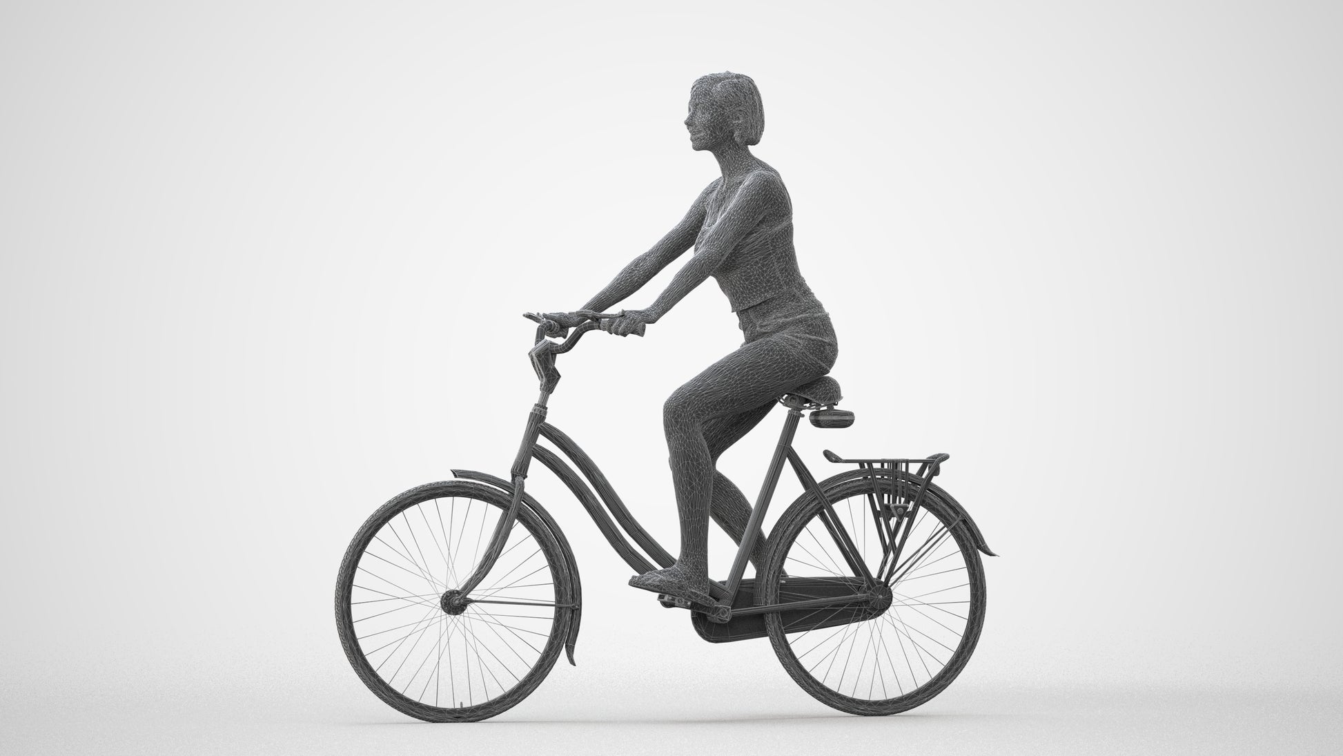 3D human model woman casual cycling, photogrammetry scanned person for archviz, square thumbnail