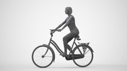 3D human model woman casual cycling, photogrammetry scanned person for archviz, square thumbnail