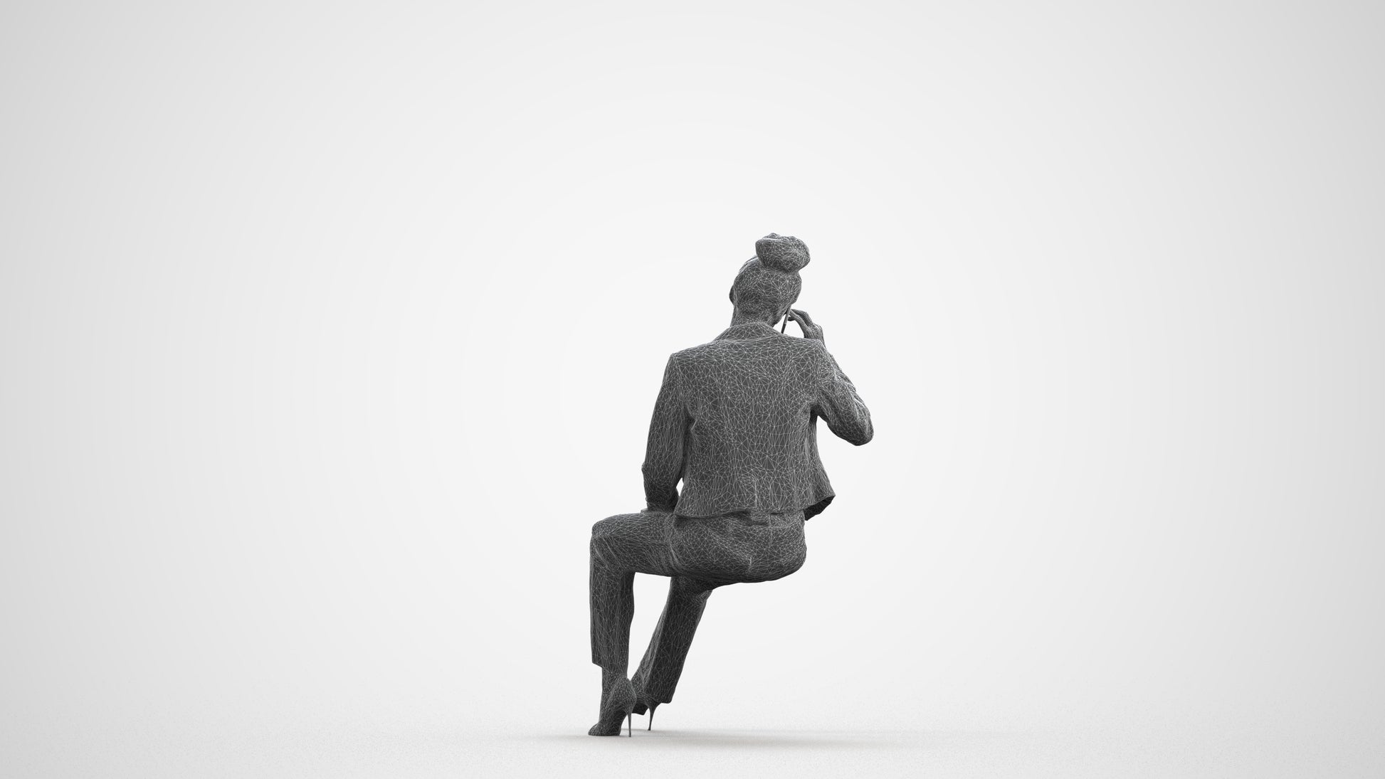 3D human model woman business sitting, photogrammetry scanned person for archviz, wireframe front view
