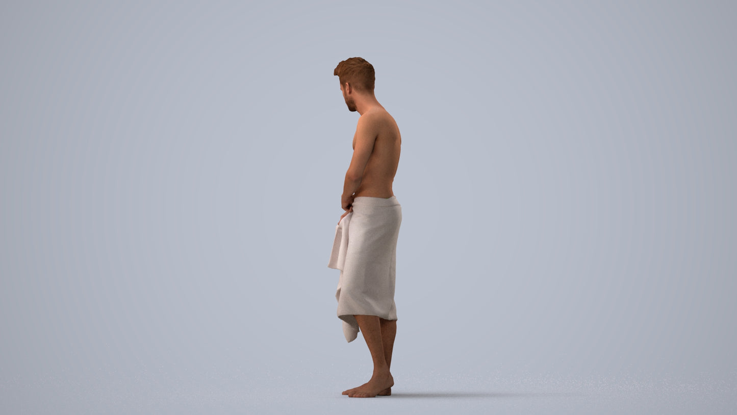 3D human model man casual bathroom, photogrammetry scanned person for archviz, three-quarter view render