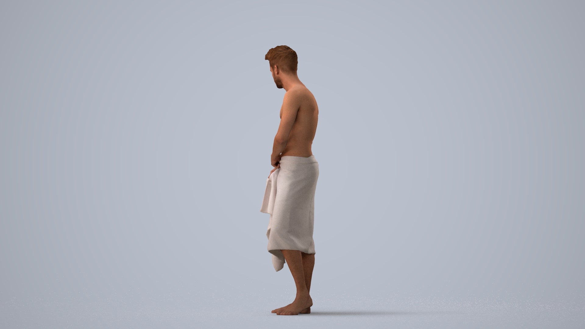 3D human model man casual bathroom, photogrammetry scanned person for archviz, three-quarter view render