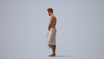 3D human model man casual bathroom, photogrammetry scanned person for archviz, three-quarter view render