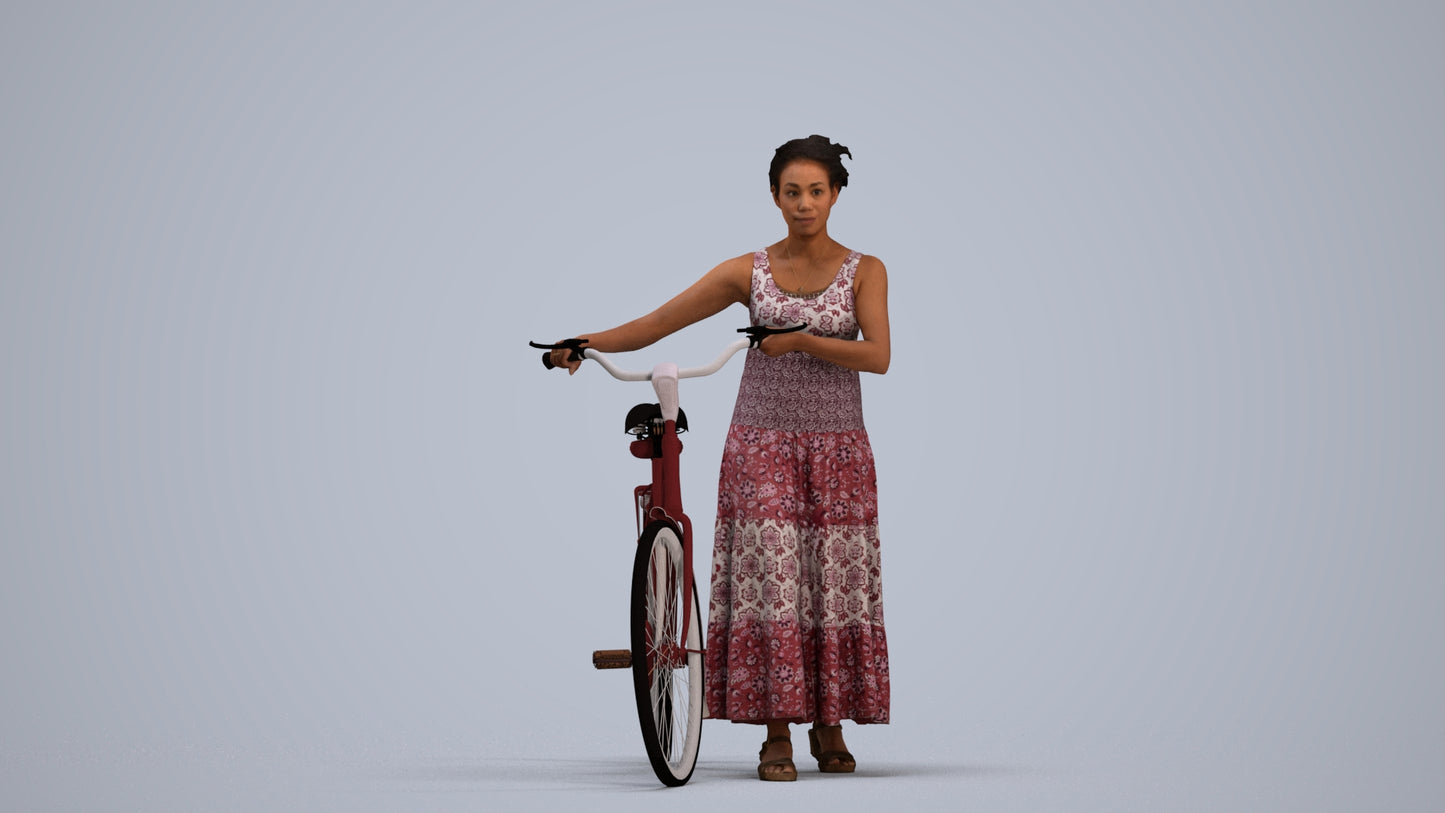 realistic 3D woman casual cycling, scanned archviz people for Blender and 3ds Max, standing pose render