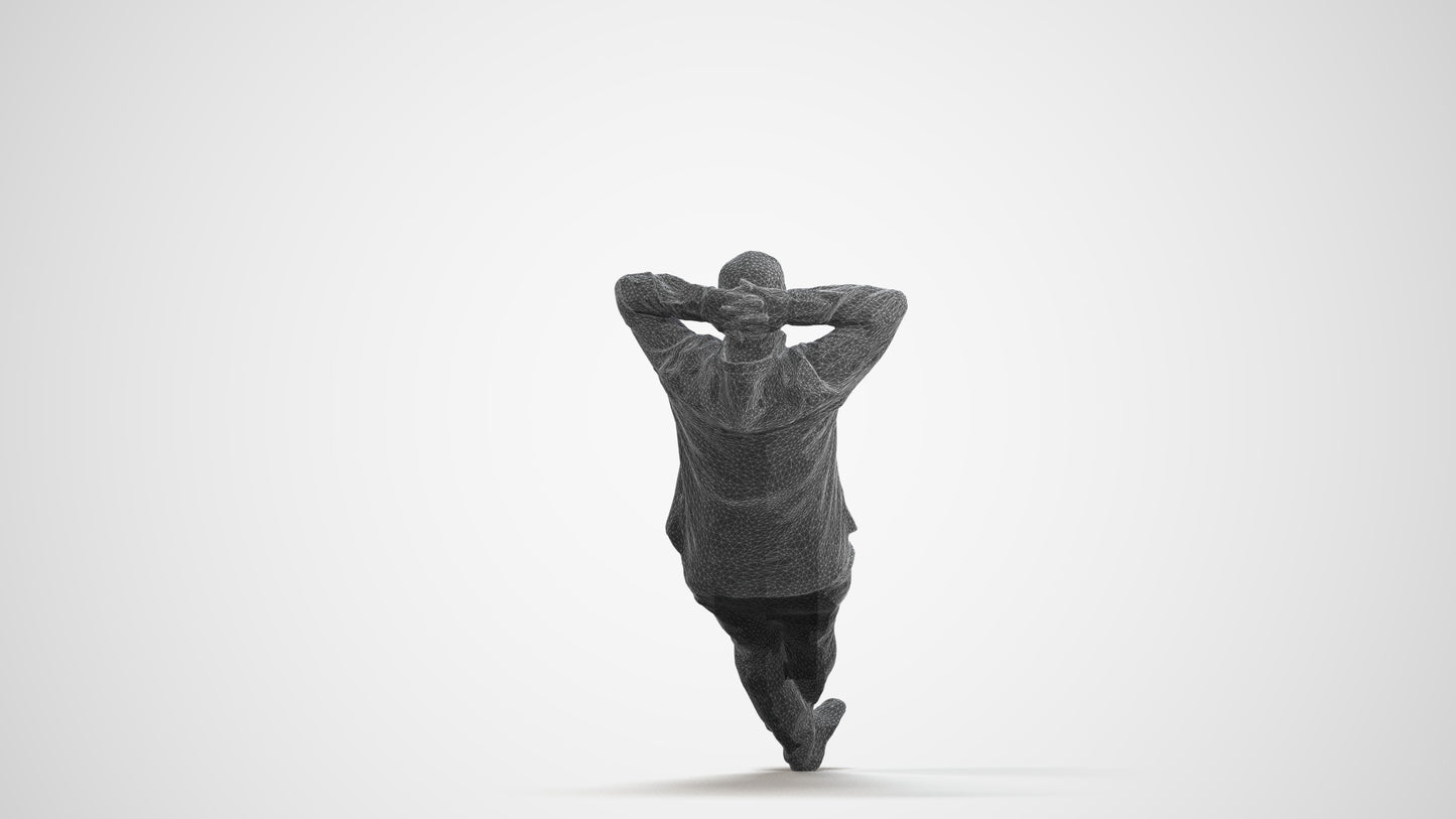 3D human model senior man casual sitting, photogrammetry scanned person for archviz, wireframe front view