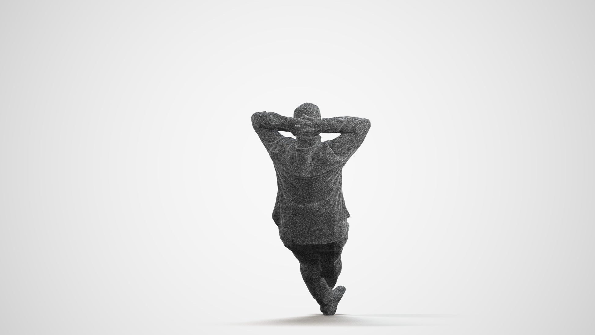 3D human model senior man casual sitting, photogrammetry scanned person for archviz, wireframe front view