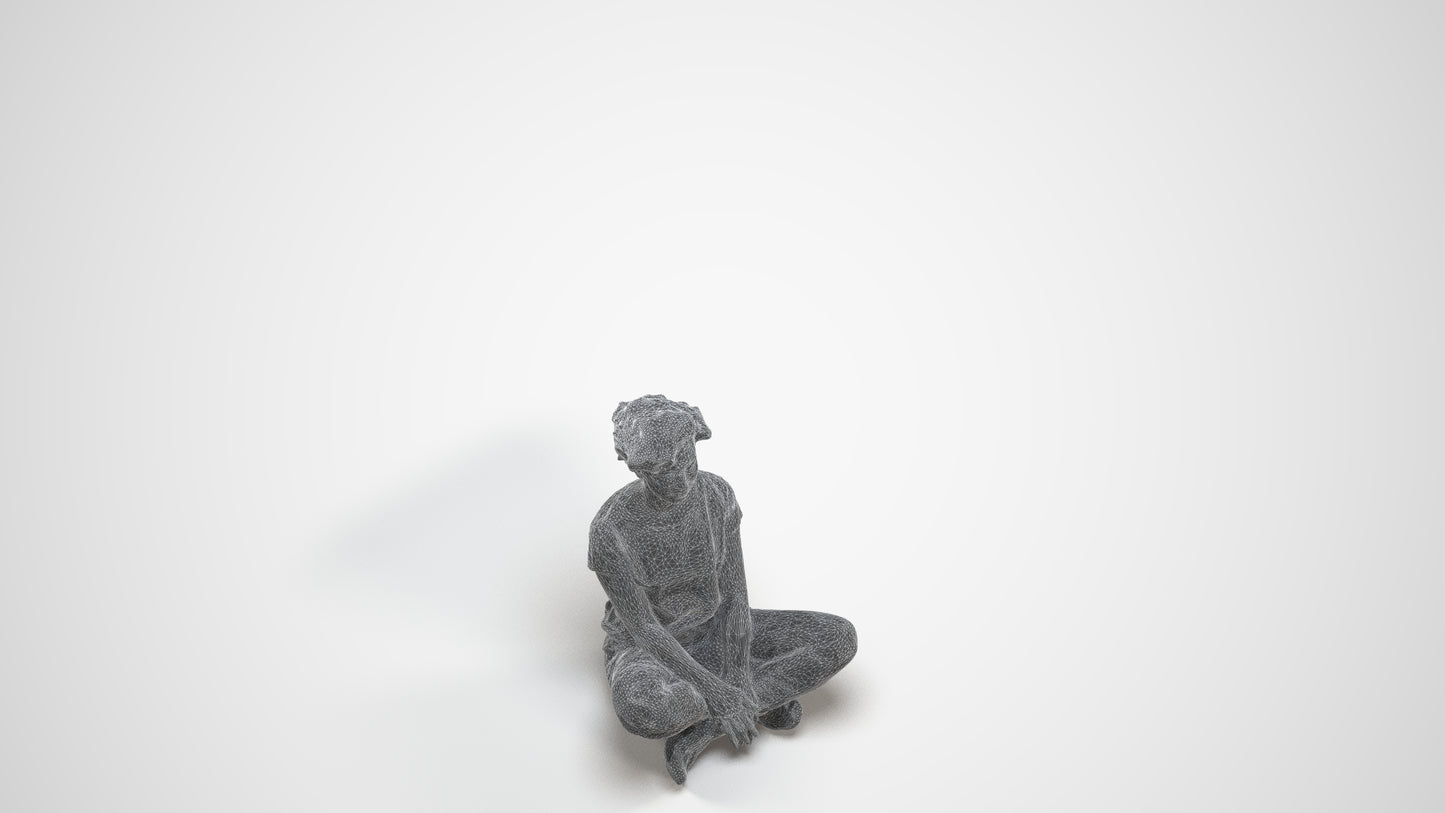 realistic 3D woman sitting, scanned archviz people for Blender and 3ds Max, wireframe three-quarter view