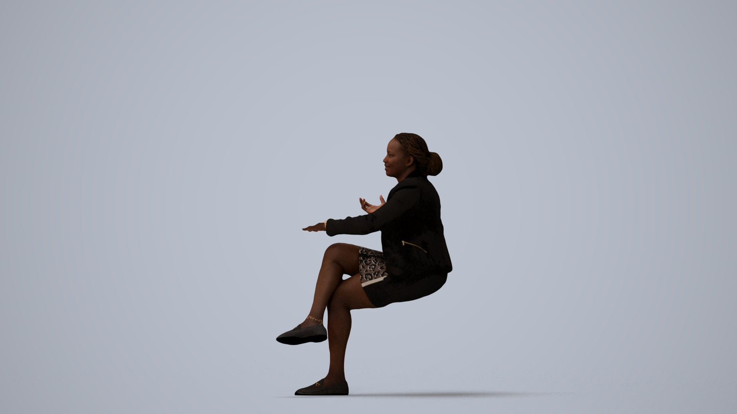 scanned 3D woman business sitting, photogrammetry people for Enscape and V-Ray, three-quarter view render