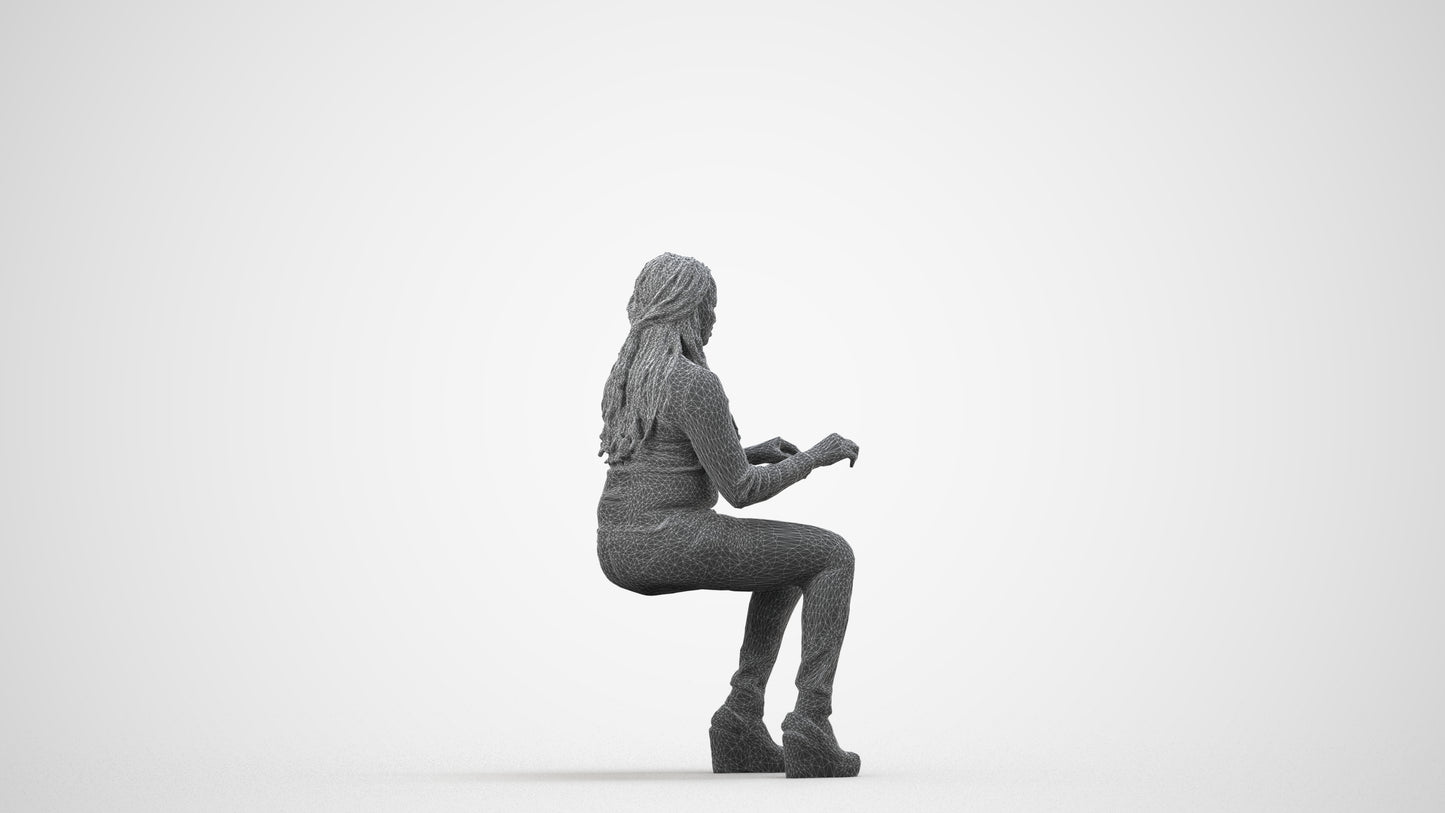 3D people model woman casual sitting, scanned human for 3ds Max rendering, wireframe side view