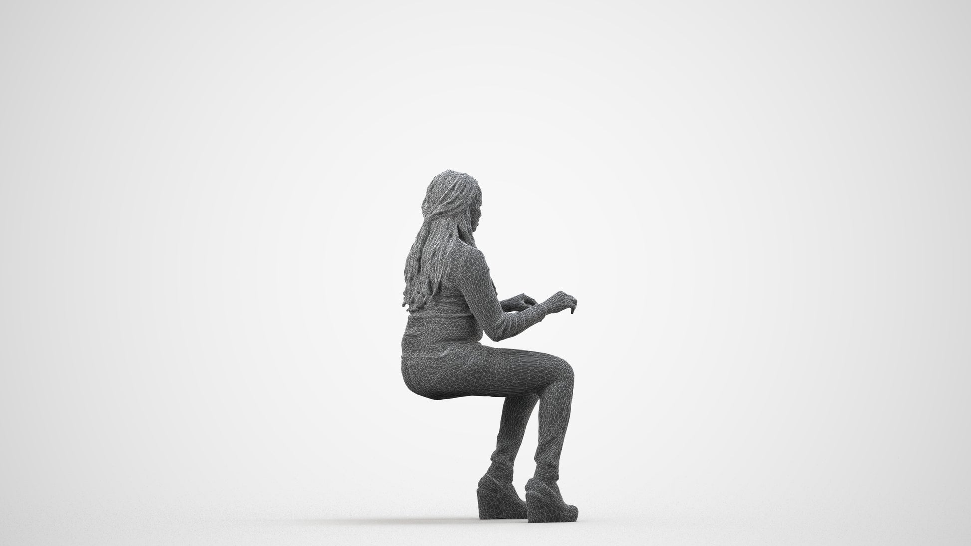 3D people model woman casual sitting, scanned human for 3ds Max rendering, wireframe side view
