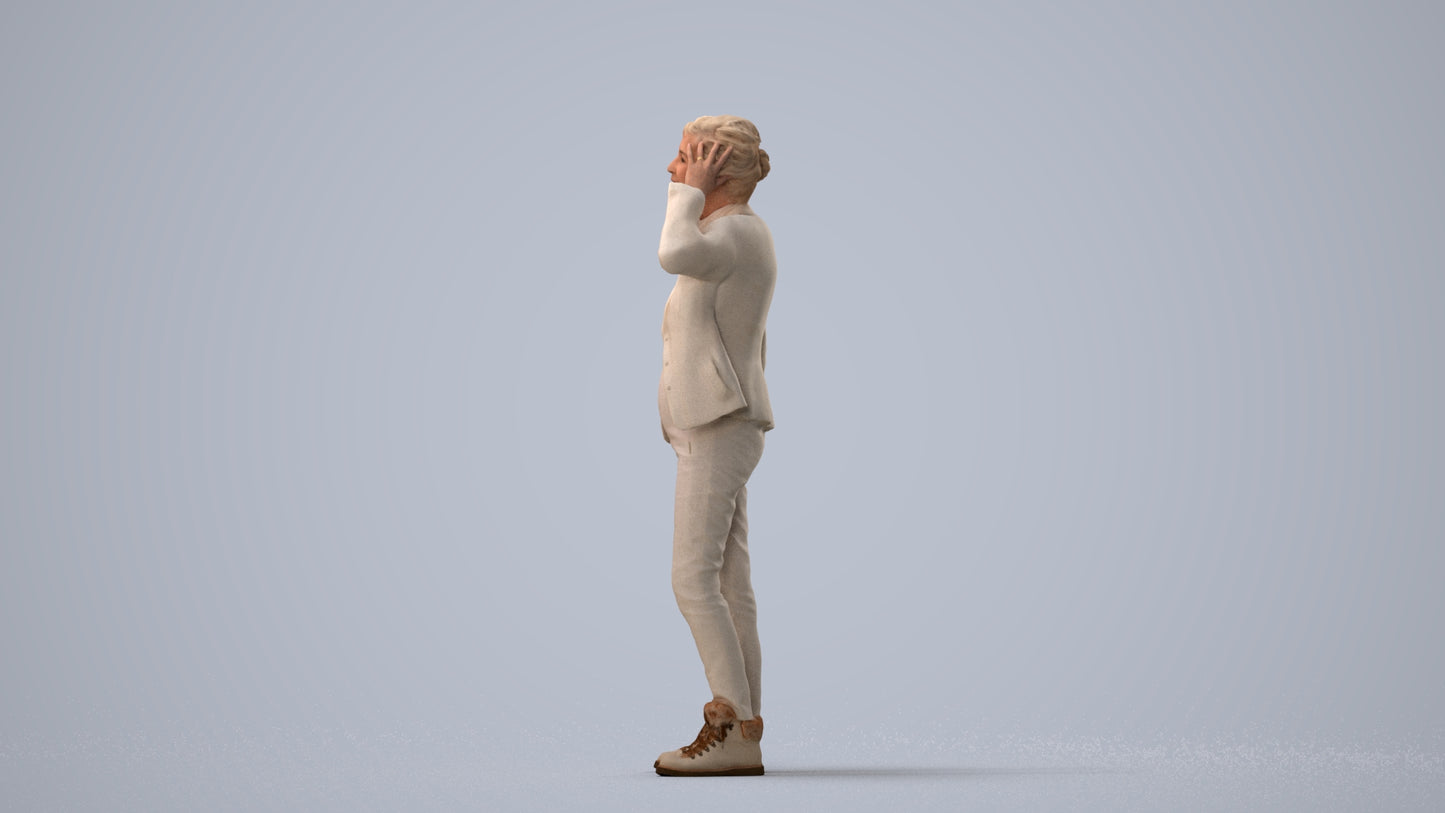 3D scanned senior woman standing business, photorealistic archviz people for Enscape and SketchUp, three-quarter view render