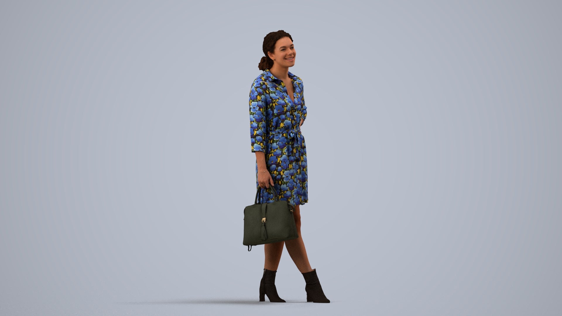 3D human model woman casual standing, photogrammetry scanned person for archviz, side view render