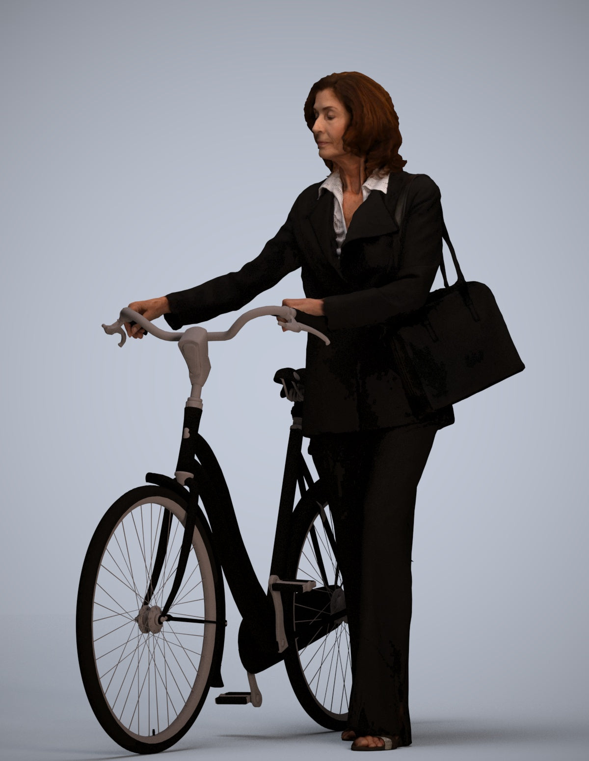 3D scanned senior woman cycling business, photorealistic archviz people for Enscape and SketchUp