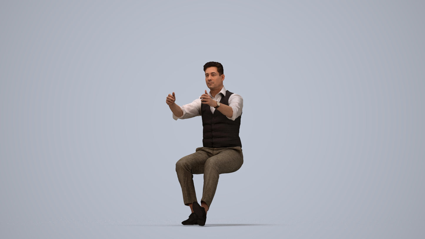 3D human model man casual driving, photogrammetry scanned person for archviz, top-down view render
