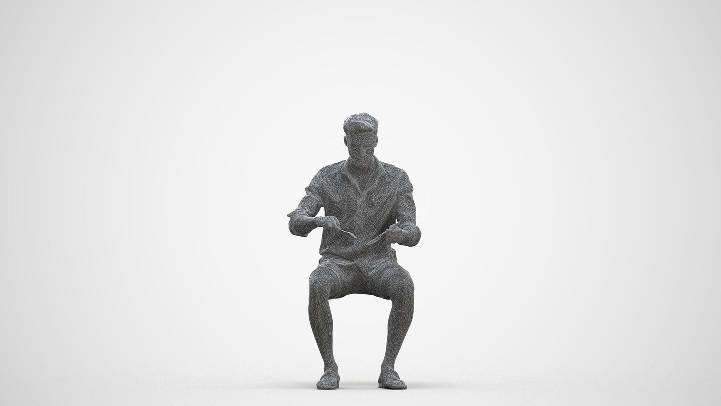 scanned 3D man casual sitting, photogrammetry people for Enscape and V-Ray, three-quarter front view render