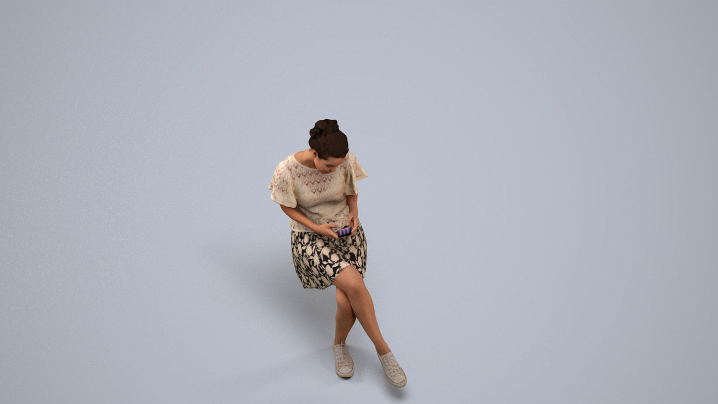 realistic 3D human woman casual sitting, archviz people FBX OBJ for Blender, back view render