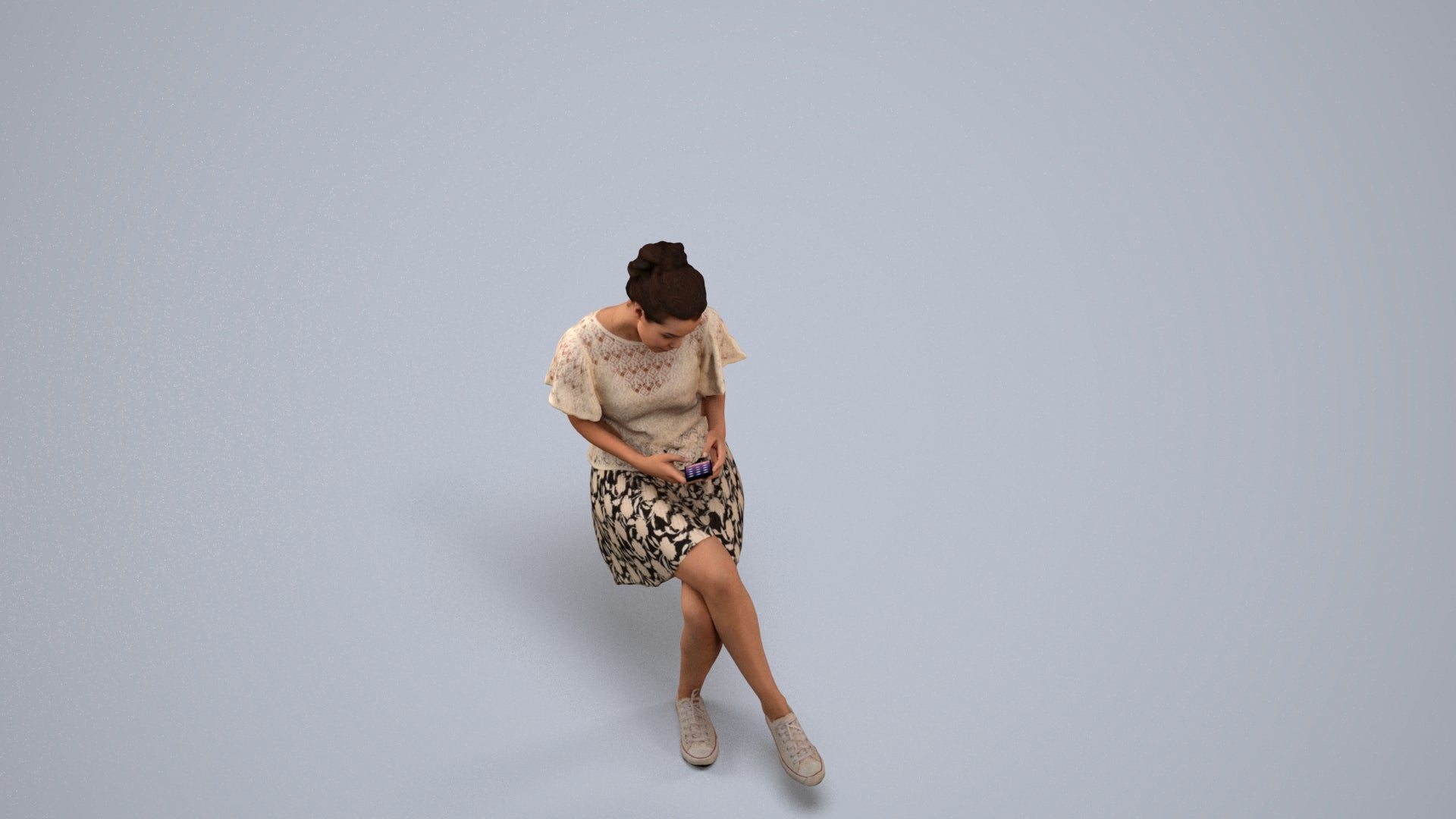 realistic 3D human woman casual sitting, archviz people FBX OBJ for Blender, back view render