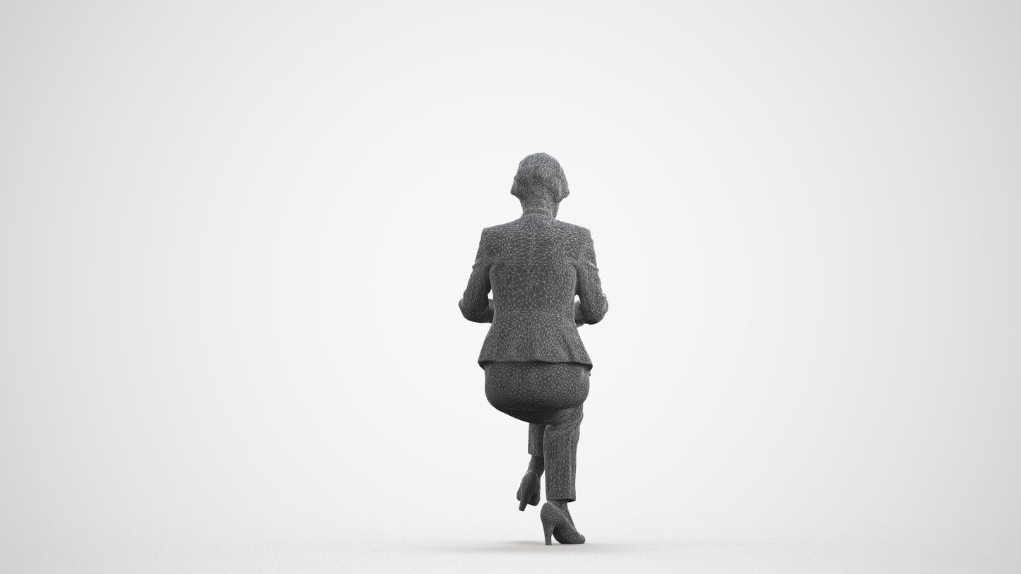 realistic 3D human senior woman business sitting, archviz people FBX OBJ for Blender, wireframe front view