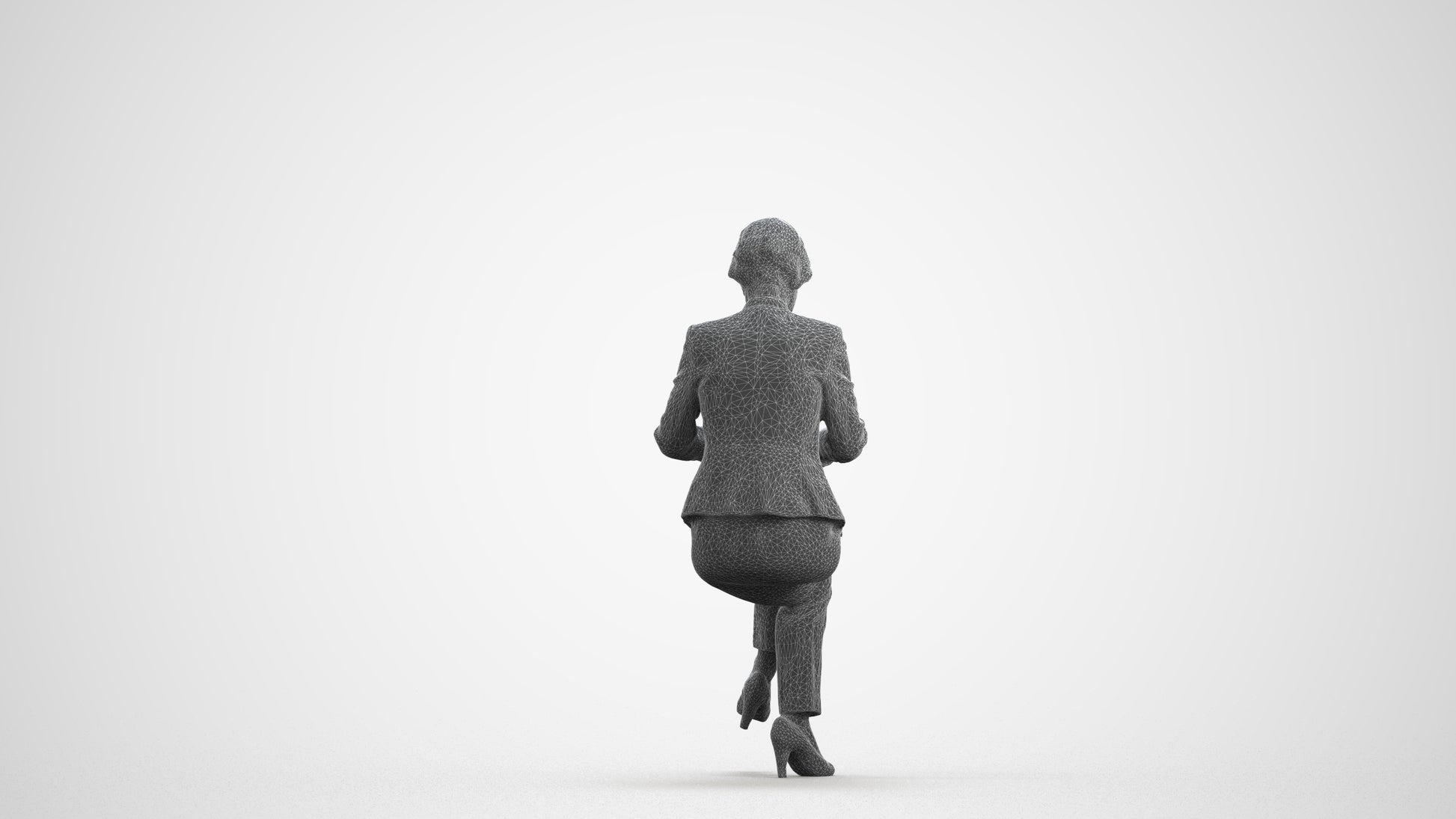 realistic 3D human senior woman business sitting, archviz people FBX OBJ for Blender, wireframe front view