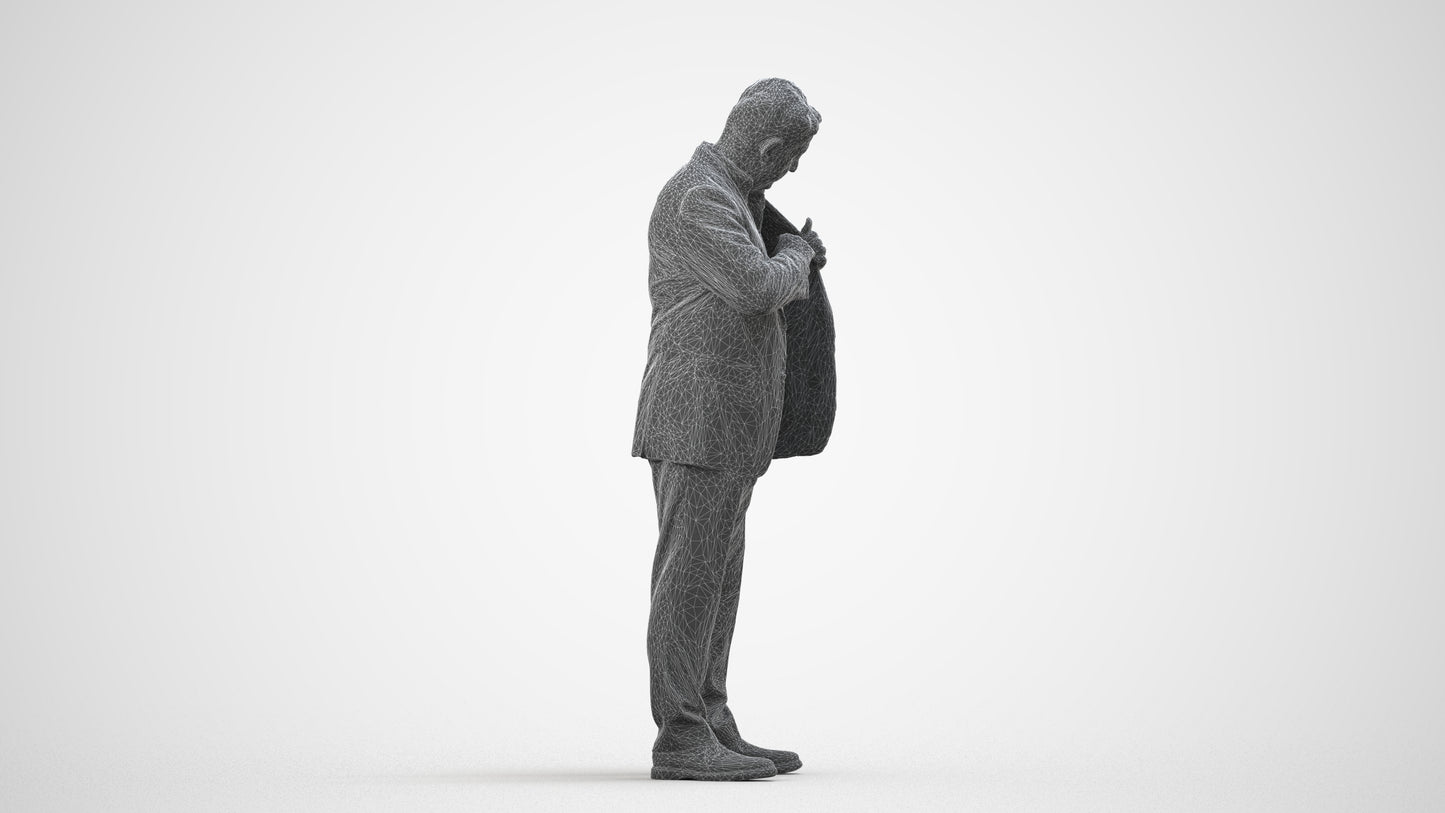 realistic 3D senior man business standing, scanned archviz people for Blender and 3ds Max, wireframe side view