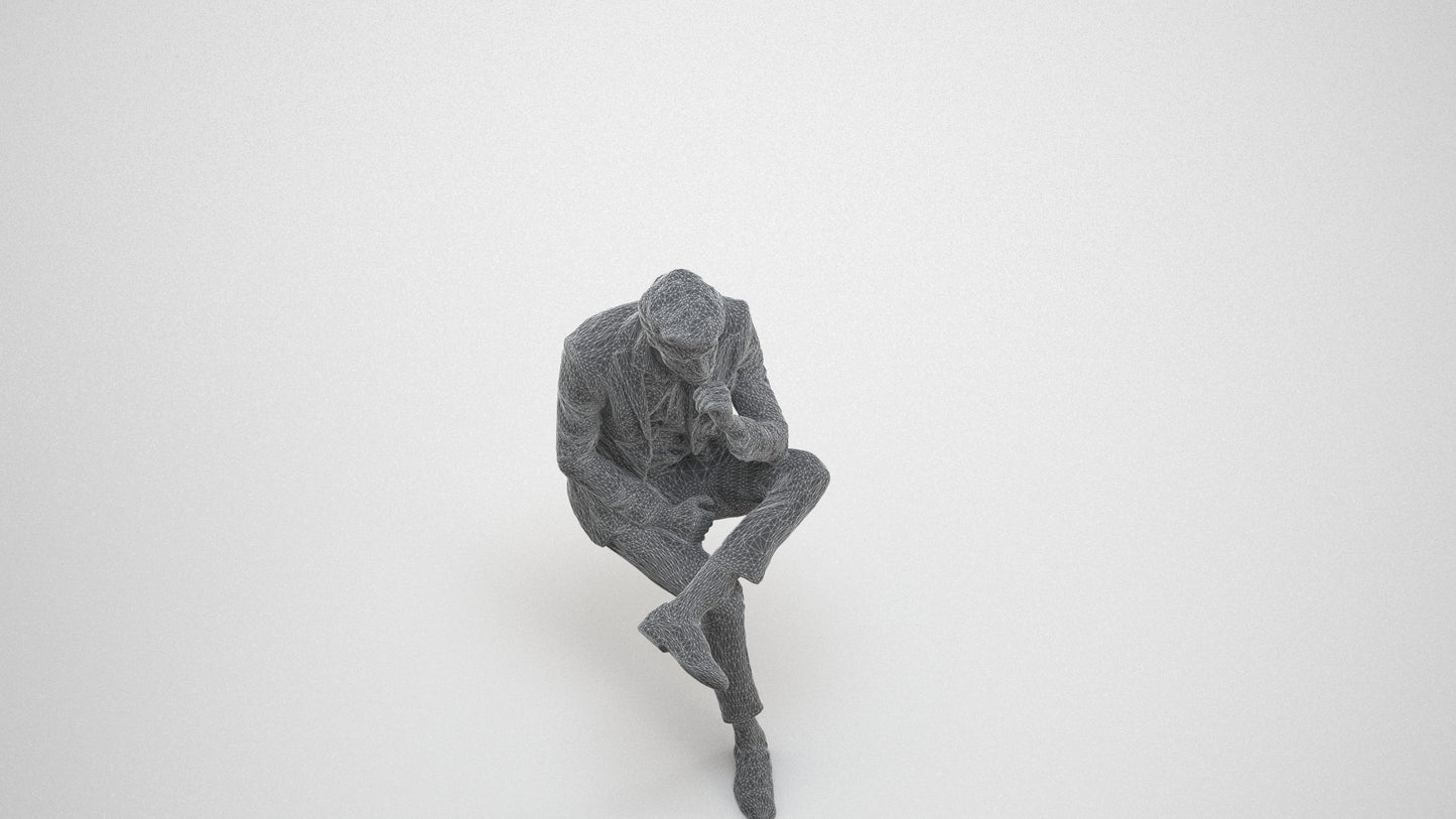 3D human model man business, photogrammetry scanned person for archviz, wireframe three-quarter view