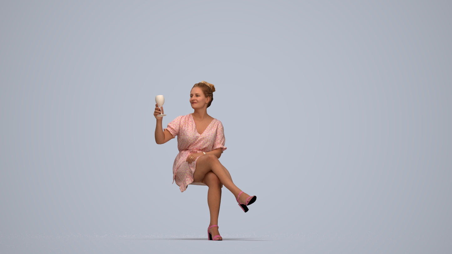 3D people model woman casual sitting, scanned human for 3ds Max rendering, top-down view render