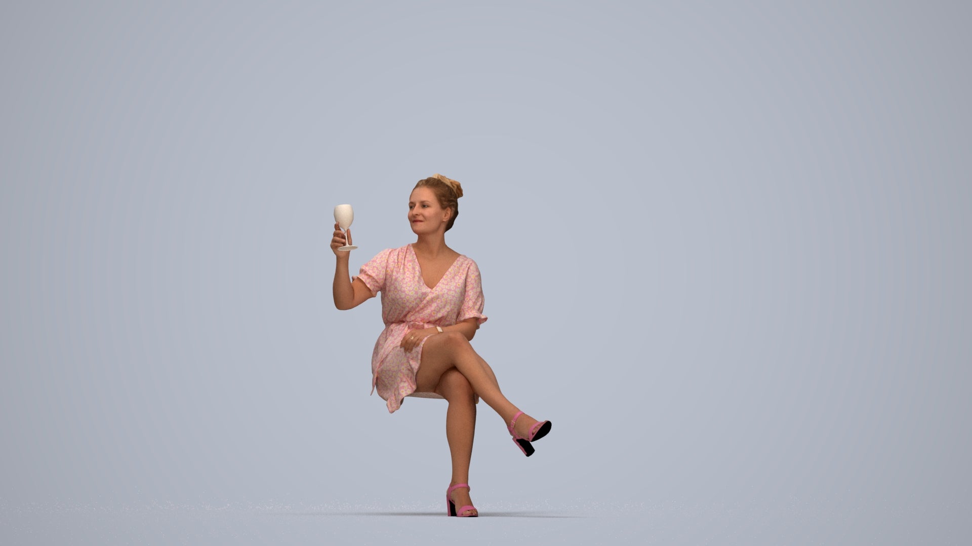 3D people model woman casual sitting, scanned human for 3ds Max rendering, top-down view render