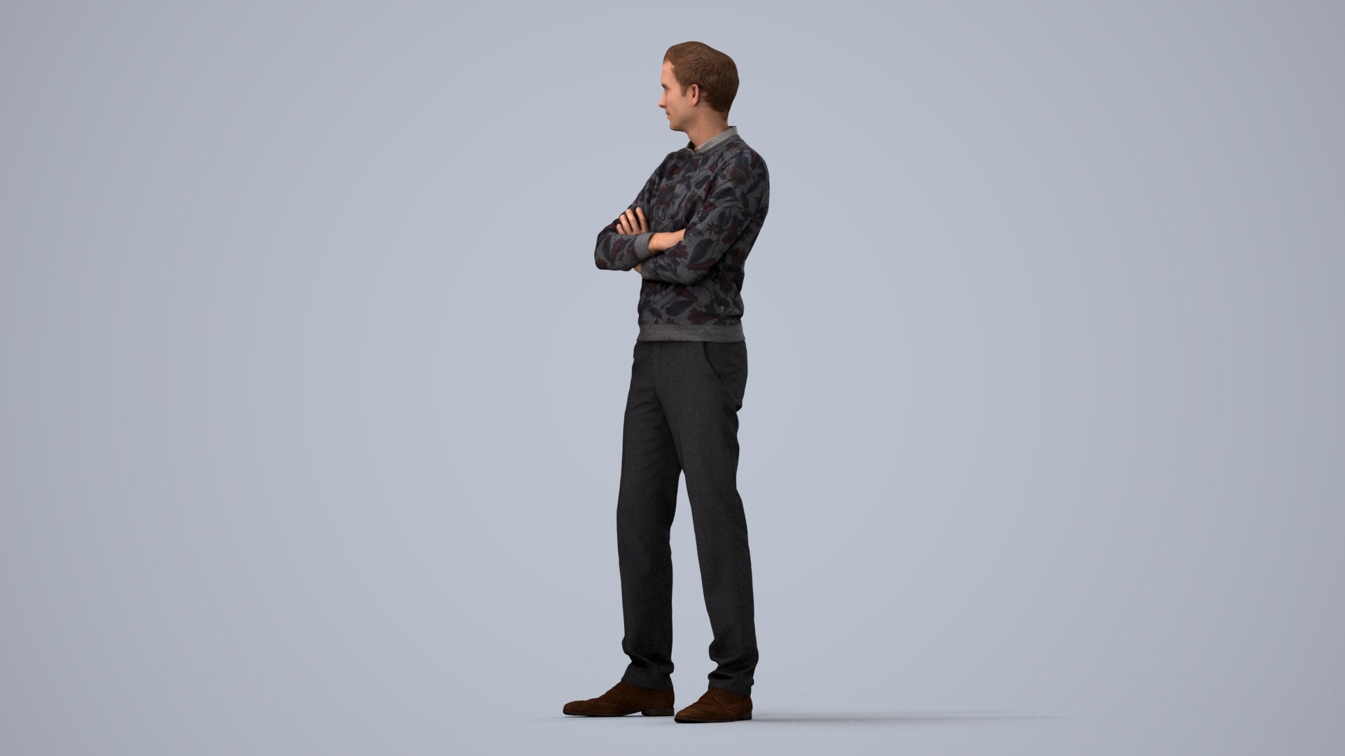 photogrammetry 3D man casual standing, realistic human model archviz FBX, three-quarter view render