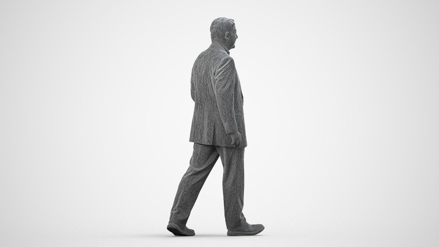 realistic 3D senior man business standing, scanned archviz people for Blender and 3ds Max, wireframe side view