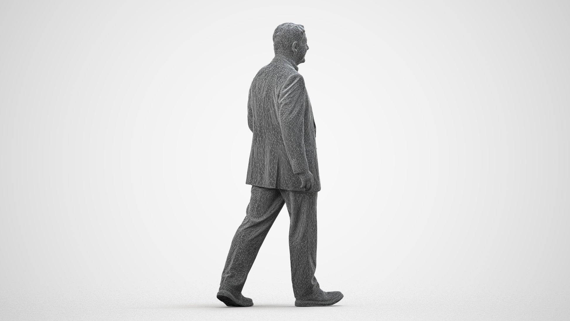 realistic 3D senior man business standing, scanned archviz people for Blender and 3ds Max, wireframe side view
