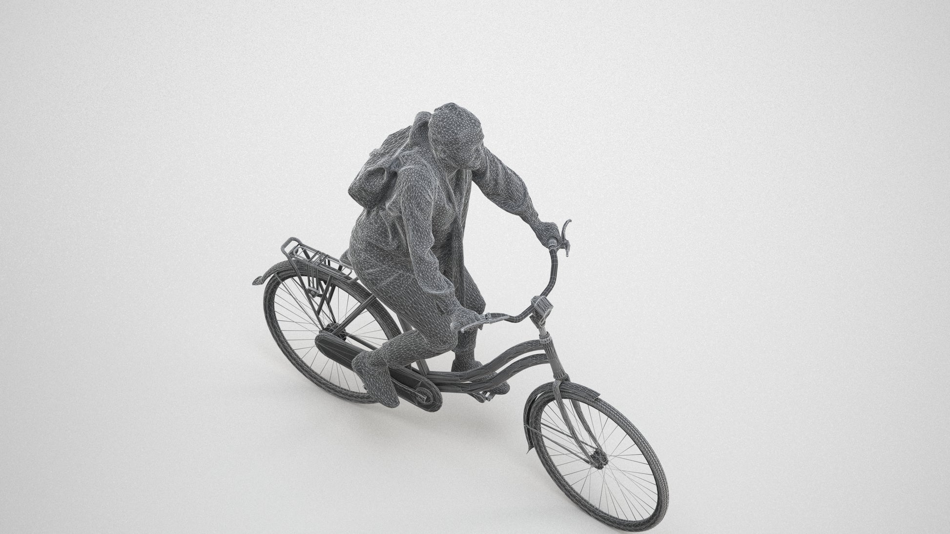 photogrammetry 3D woman casual cycling, realistic human model archviz FBX, wireframe three-quarter view