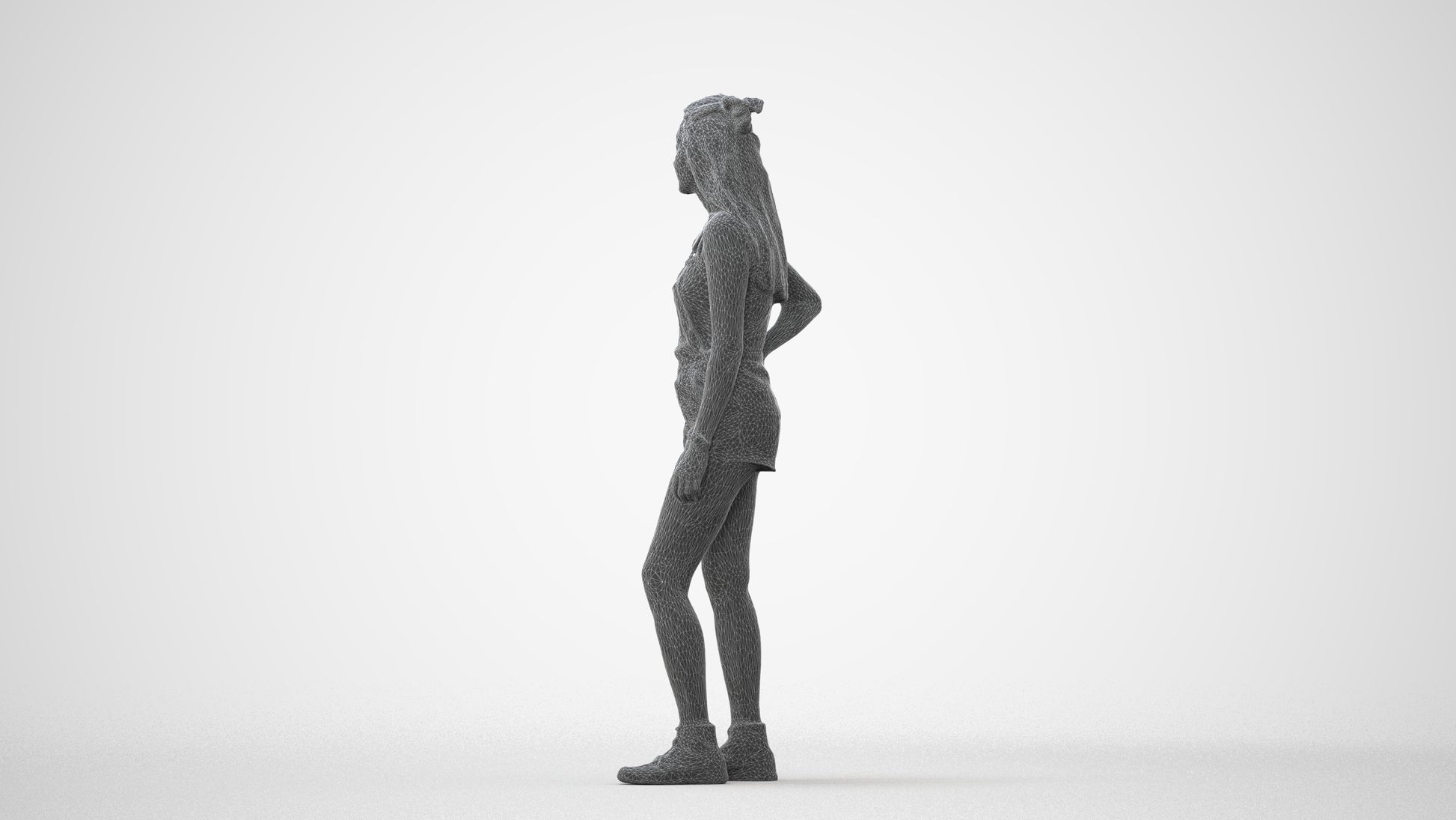 3D human model woman casual standing, photogrammetry scanned person for archviz, square thumbnail