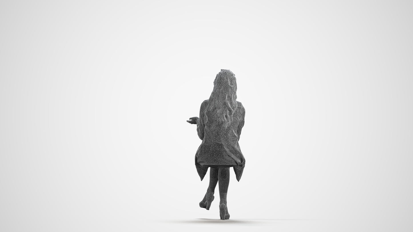 3D human model woman business sitting, photogrammetry scanned person for archviz, wireframe front view
