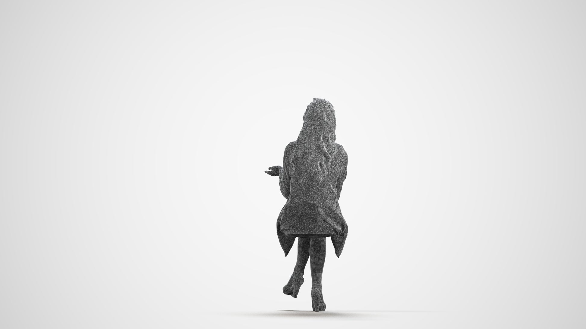 3D human model woman business sitting, photogrammetry scanned person for archviz, wireframe front view