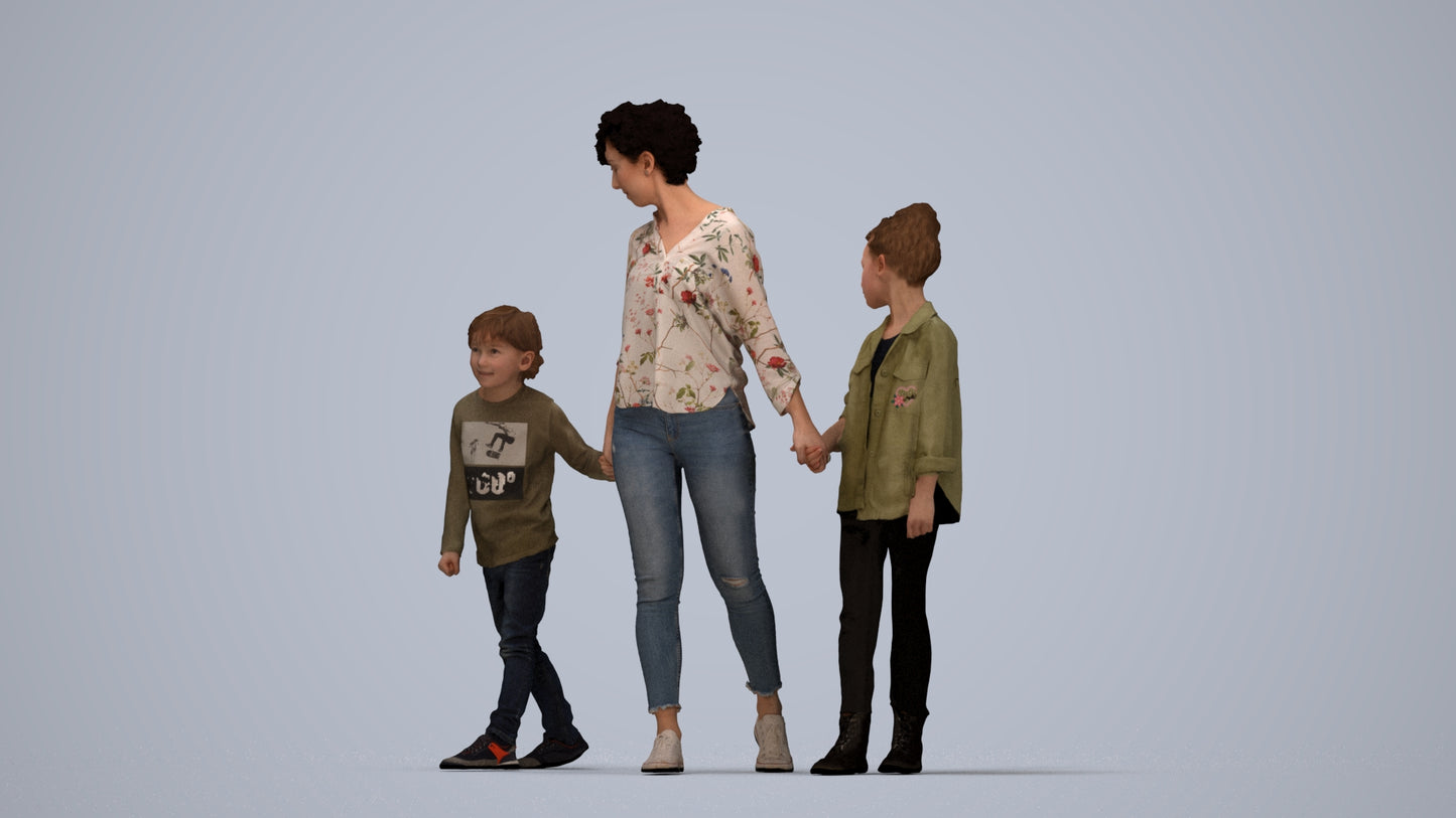 realistic 3D girl casual kids, scanned archviz people for Blender and 3ds Max, top-down view render