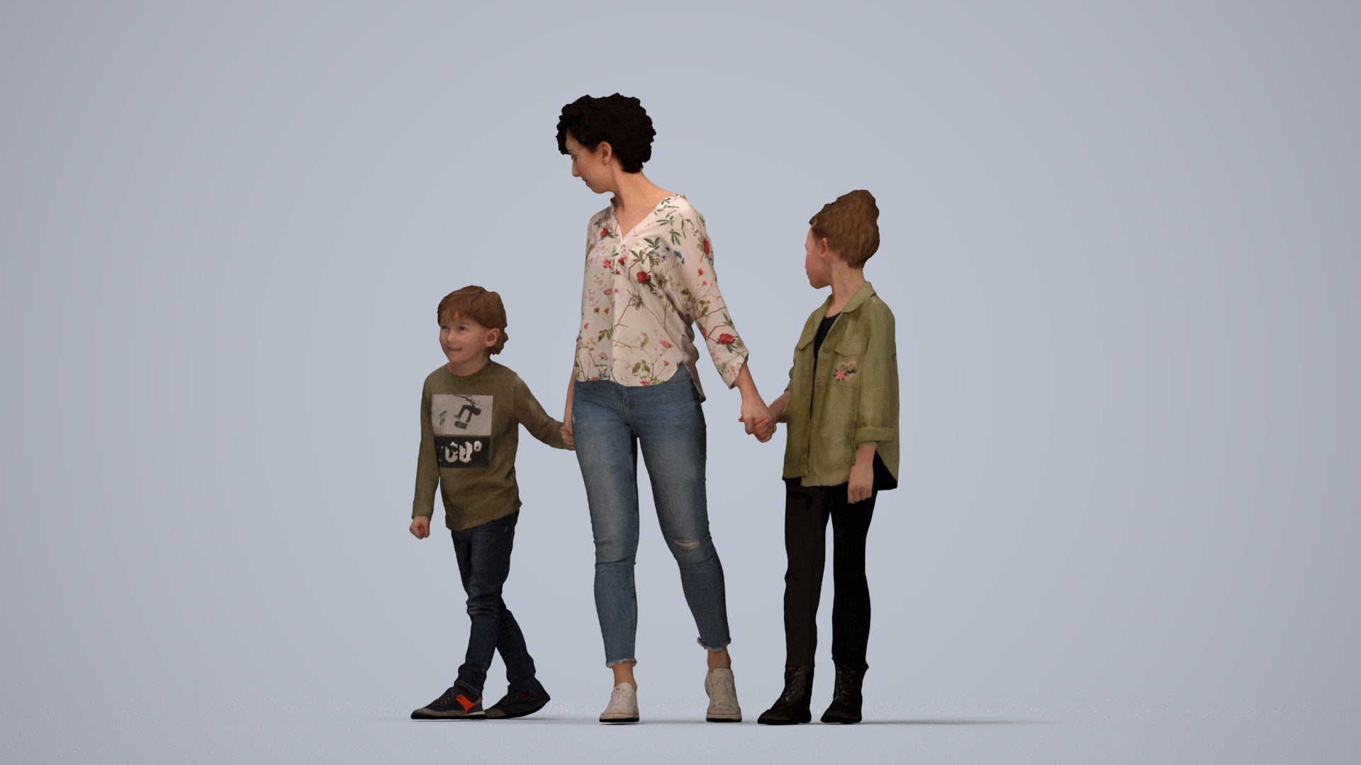 realistic 3D girl casual kids, scanned archviz people for Blender and 3ds Max, top-down view render