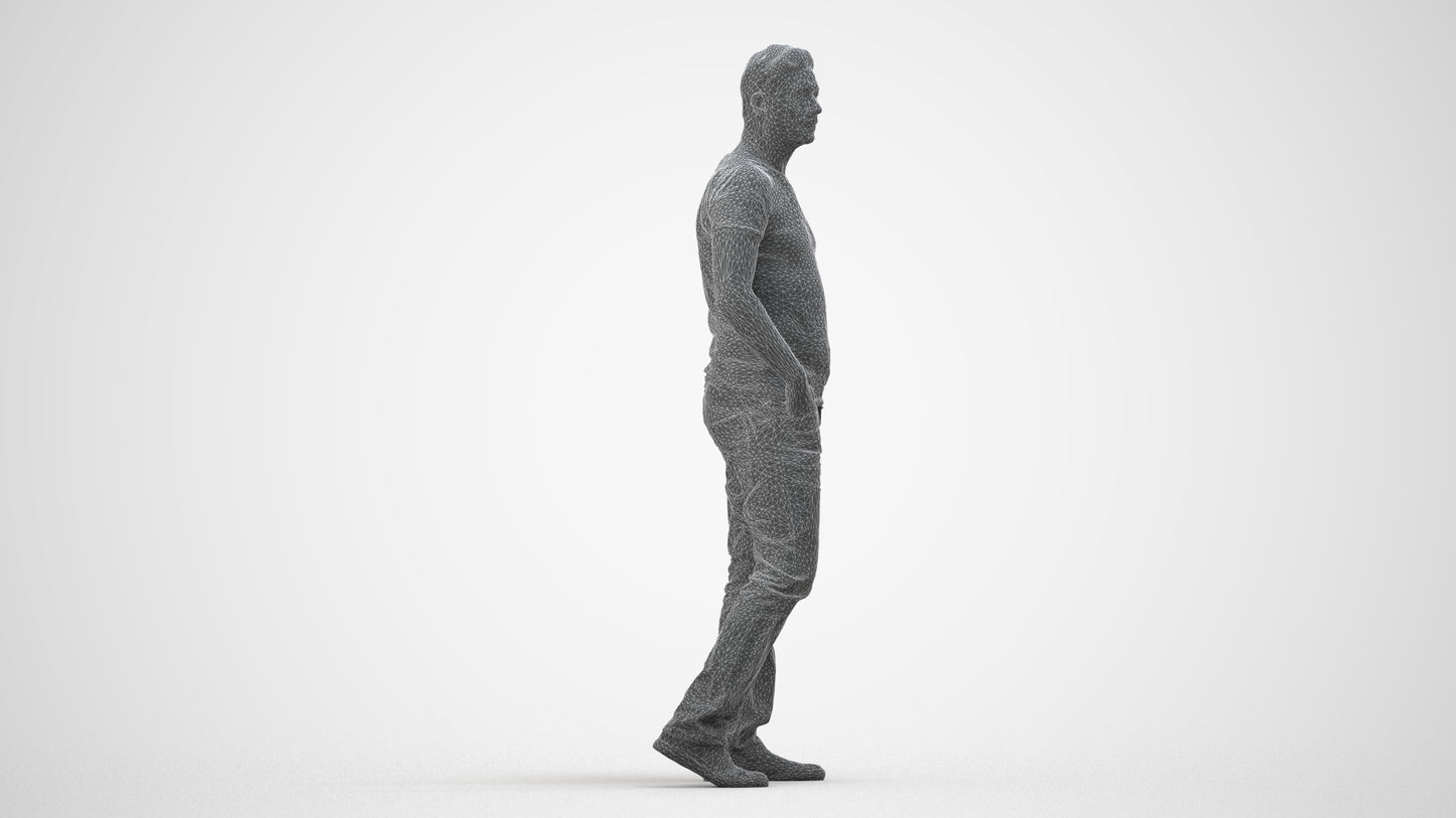realistic 3D man casual standing, scanned archviz people for Blender and 3ds Max, wireframe side view