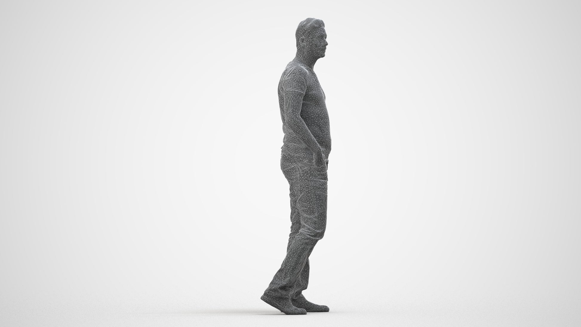 realistic 3D man casual standing, scanned archviz people for Blender and 3ds Max, wireframe side view