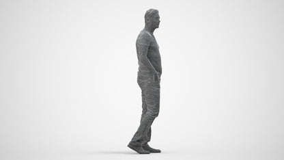 realistic 3D man casual standing, scanned archviz people for Blender and 3ds Max, wireframe side view