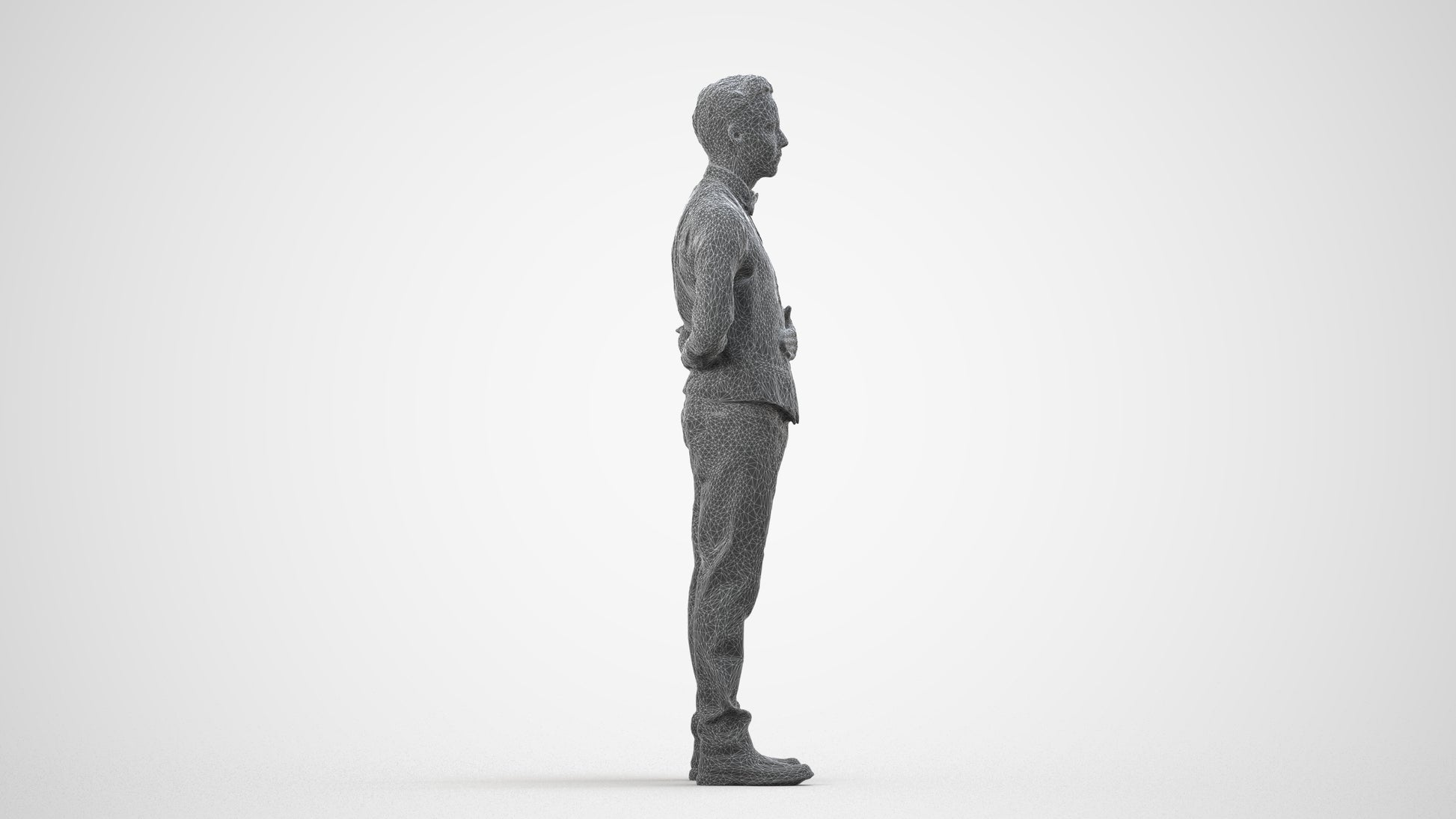 scanned 3D man hospitality, photogrammetry people for Enscape and V-Ray, wireframe side view