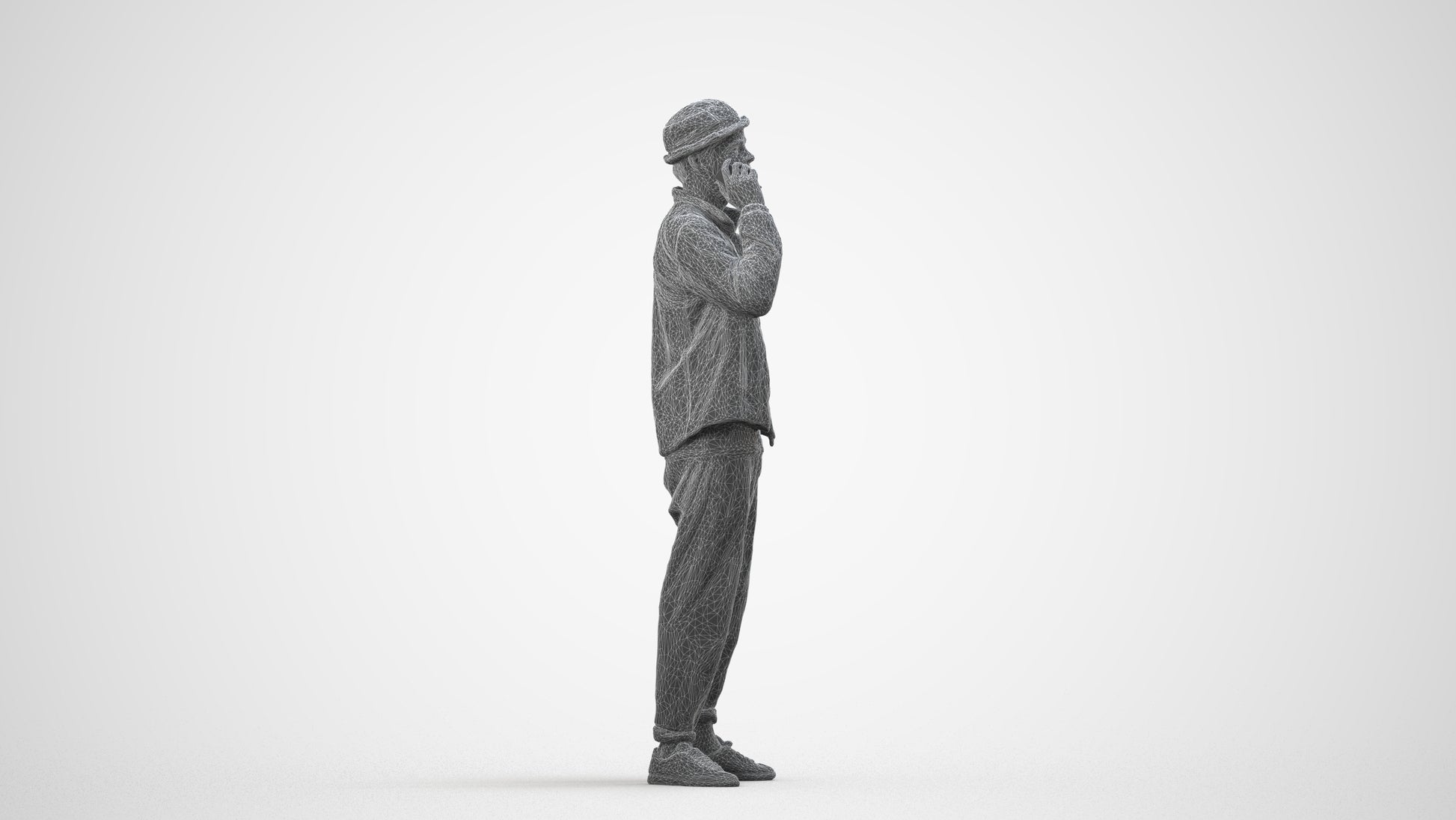 3D scanned man standing casual, photorealistic archviz people for Enscape and SketchUp, wireframe side view