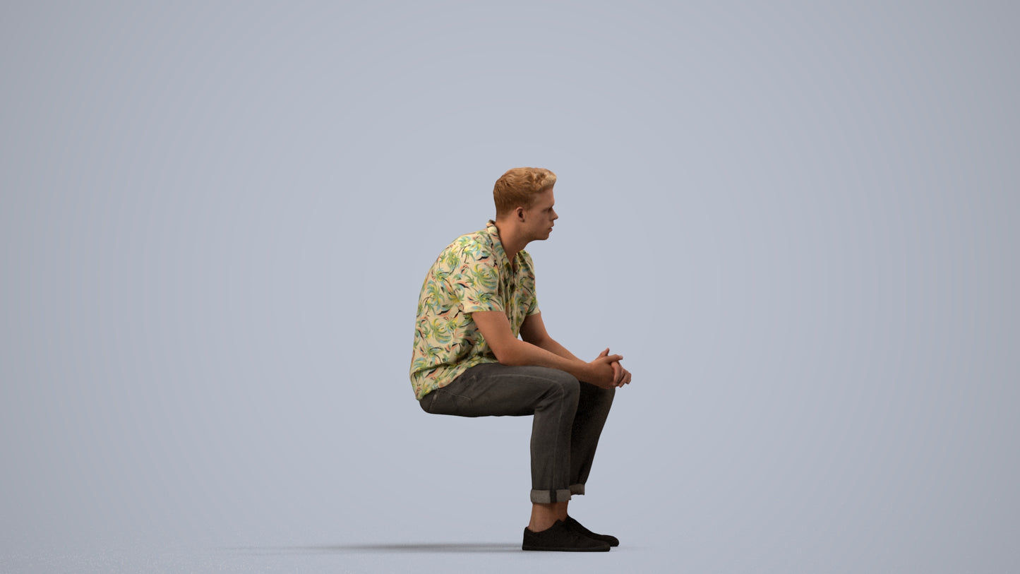 3D scanned man sitting casual, photorealistic archviz people for Enscape and SketchUp, side view render