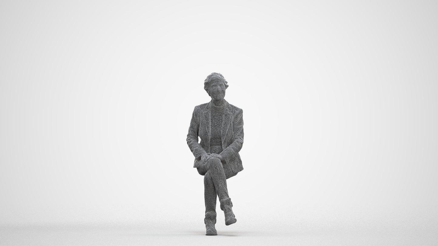 realistic 3D human senior woman business sitting, archviz people FBX OBJ for Blender, three-quarter front view render