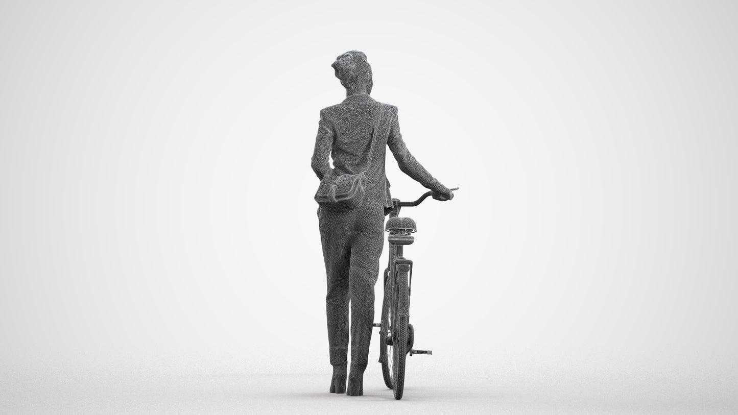 realistic 3D human woman business cycling, archviz people FBX OBJ for Blender, wireframe front view