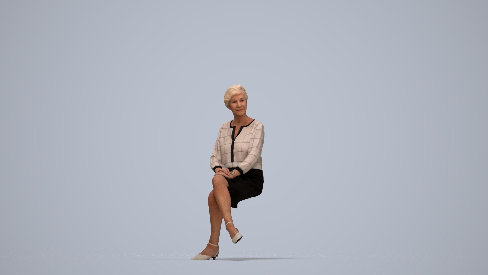 realistic 3D senior woman business sitting, scanned archviz people for Blender and 3ds Max, top-down view render