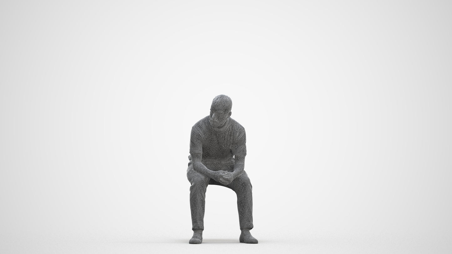3D people model man casual sitting, scanned human for 3ds Max rendering, three-quarter front view render