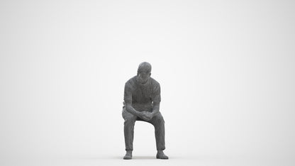 3D people model man casual sitting, scanned human for 3ds Max rendering, three-quarter front view render